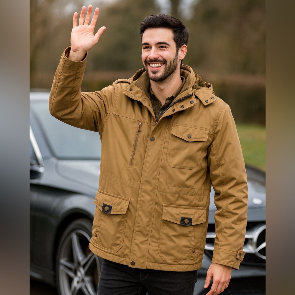 Men’s Tan Utility Jacket with Faux-Fur Lining